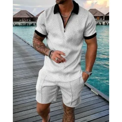 Outlet OUKU Men's Character Polo Shirt Shirt Suits Short Sleeves Shirt V Neck Men's leisure suit Outdoor Work 3D Print Black-White Black Navy Blue Gray Light Blue Zipper Braided Clothing Apparel Casual