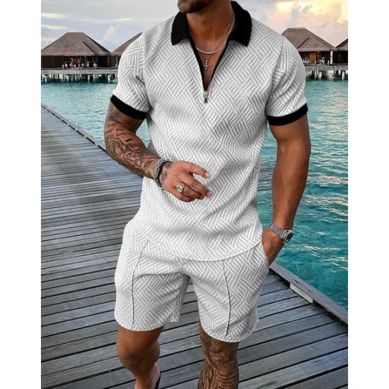 Outlet OUKU Men's Character Polo Shirt Shirt Suits Short Sleeves Shirt V Neck Men's leisure suit Outdoor Work 3D Print Black-White Black Navy Blue Gray Light Blue Zipper Braided Clothing Apparel Casual