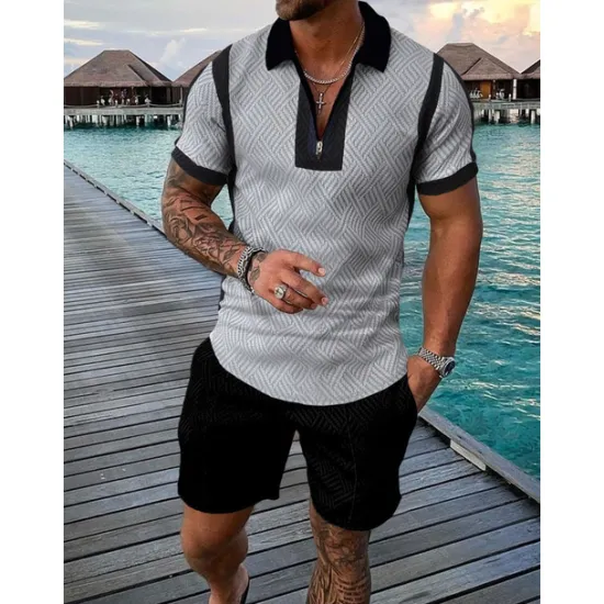 Outlet OUKU Men's Character Polo Shirt Shirt Suits Short Sleeves Shirt V Neck Men's leisure suit Outdoor Work 3D Print Black-White Black Navy Blue Gray Light Blue Zipper Braided Clothing Apparel Casual
