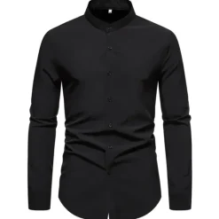 New OUKU Men's Chinese Collar Shirt Mandarin Collar Shirt Casual Shirt Button Up Shirt Black Pink Red Blue Dark Green Long Sleeve Plain Grandad Collar Band Collar Outdoor Street Clothing Apparel Polyester