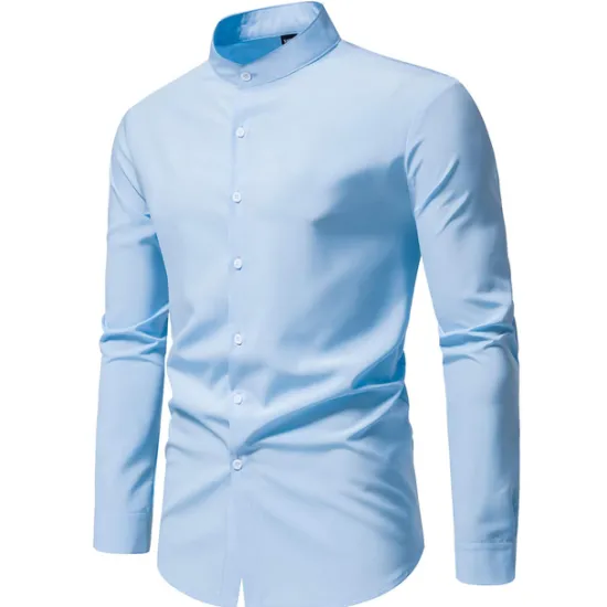 New OUKU Men's Chinese Collar Shirt Mandarin Collar Shirt Casual Shirt Button Up Shirt Black Pink Red Blue Dark Green Long Sleeve Plain Grandad Collar Band Collar Outdoor Street Clothing Apparel Polyester