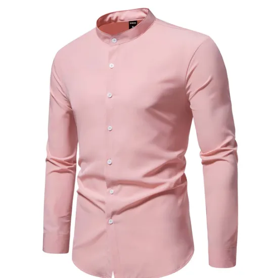 New OUKU Men's Chinese Collar Shirt Mandarin Collar Shirt Casual Shirt Button Up Shirt Black Pink Red Blue Dark Green Long Sleeve Plain Grandad Collar Band Collar Outdoor Street Clothing Apparel Polyester