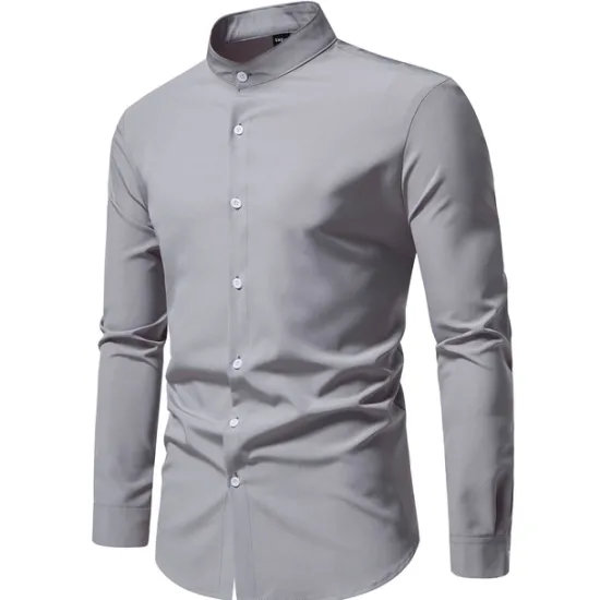 New OUKU Men's Chinese Collar Shirt Mandarin Collar Shirt Casual Shirt Button Up Shirt Black Pink Red Blue Dark Green Long Sleeve Plain Grandad Collar Band Collar Outdoor Street Clothing Apparel Polyester