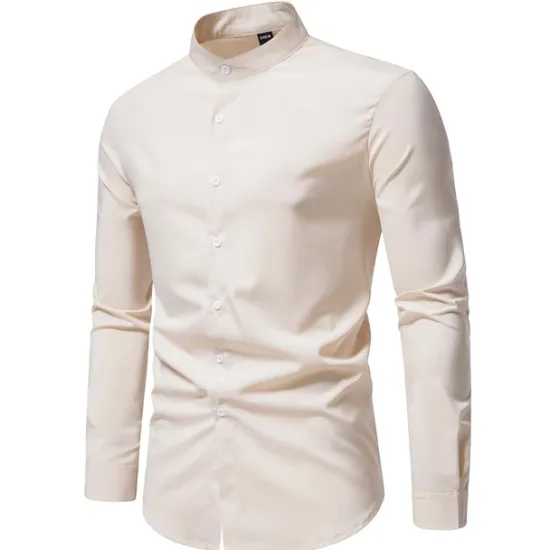 New OUKU Men's Chinese Collar Shirt Mandarin Collar Shirt Casual Shirt Button Up Shirt Black Pink Red Blue Dark Green Long Sleeve Plain Grandad Collar Band Collar Outdoor Street Clothing Apparel Polyester