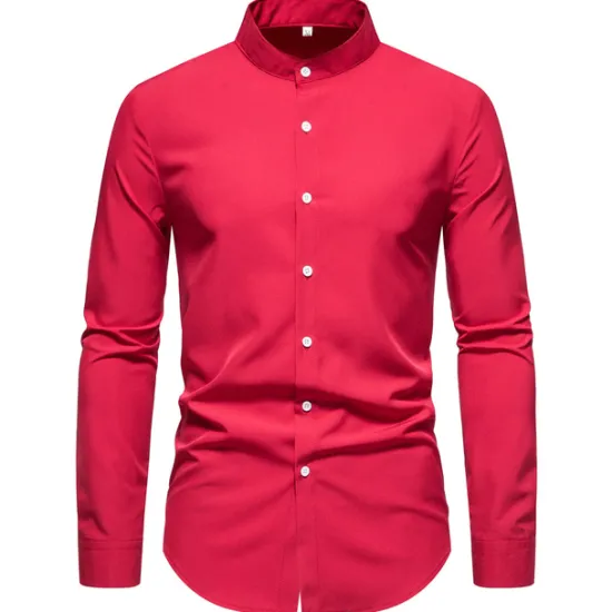 New OUKU Men's Chinese Collar Shirt Mandarin Collar Shirt Casual Shirt Button Up Shirt Black Pink Red Blue Dark Green Long Sleeve Plain Grandad Collar Band Collar Outdoor Street Clothing Apparel Polyester