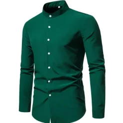 New OUKU Men's Chinese Collar Shirt Mandarin Collar Shirt Casual Shirt Button Up Shirt Black Pink Red Blue Dark Green Long Sleeve Plain Grandad Collar Band Collar Outdoor Street Clothing Apparel Polyester