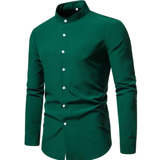 New OUKU Men's Chinese Collar Shirt Mandarin Collar Shirt Casual Shirt Button Up Shirt Black Pink Red Blue Dark Green Long Sleeve Plain Grandad Collar Band Collar Outdoor Street Clothing Apparel Polyester