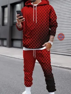 Discount OUKU Men's Circle Geometrical 2pcs 3D Sweatshirt Sets Tracksuit Hoodie Sweatshirt Long Sleeve Long pants Hooded Streetwear Casual Daily Athleisure Daily Wear 3D Print Spring Fall Winter White Red Blue