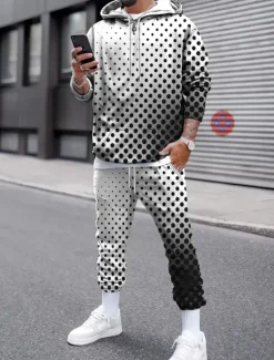 Discount OUKU Men's Circle Geometrical 2pcs 3D Sweatshirt Sets Tracksuit Hoodie Sweatshirt Long Sleeve Long pants Hooded Streetwear Casual Daily Athleisure Daily Wear 3D Print Spring Fall Winter White Red Blue
