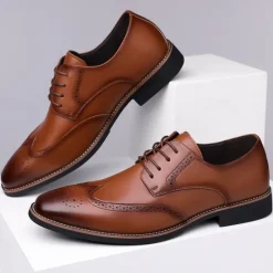 Outlet OUKU Men's Classic Brown Wingtip Oxford Shoes – Faux Leather Brogue Lace-Up Dress Shoes for Business and Formal Occasions