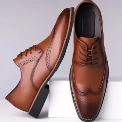 Outlet OUKU Men's Classic Brown Wingtip Oxford Shoes – Faux Leather Brogue Lace-Up Dress Shoes for Business and Formal Occasions