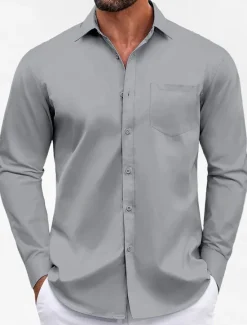Clearance OUKU Men's Classic Casual Shirt Homecoming Standard Fit Long Sleeve Lapel Solid Color Polyester Black Sky Blue Grey 2025