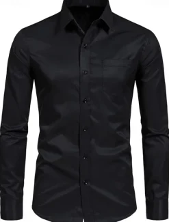 Clearance OUKU Men's Classic Casual Shirt Homecoming Standard Fit Long Sleeve Lapel Solid Color Polyester Black Sky Blue Grey 2025
