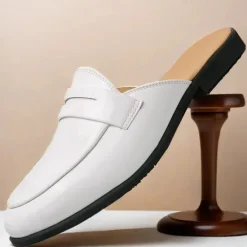 Outlet OUKU Men's Classic White Faux Leather Mule Loafers - Sleek Slip-On Shoes for Business Casual and Formal Events