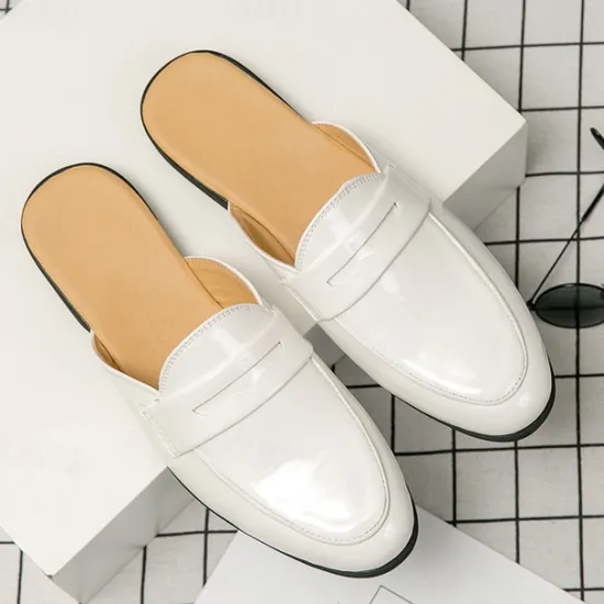 Outlet OUKU Men's Classic White Faux Leather Mule Loafers - Sleek Slip-On Shoes for Business Casual and Formal Events