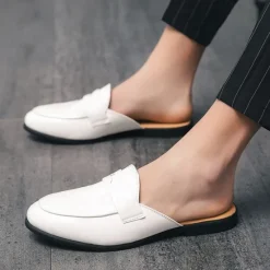 Outlet OUKU Men's Classic White Faux Leather Mule Loafers - Sleek Slip-On Shoes for Business Casual and Formal Events