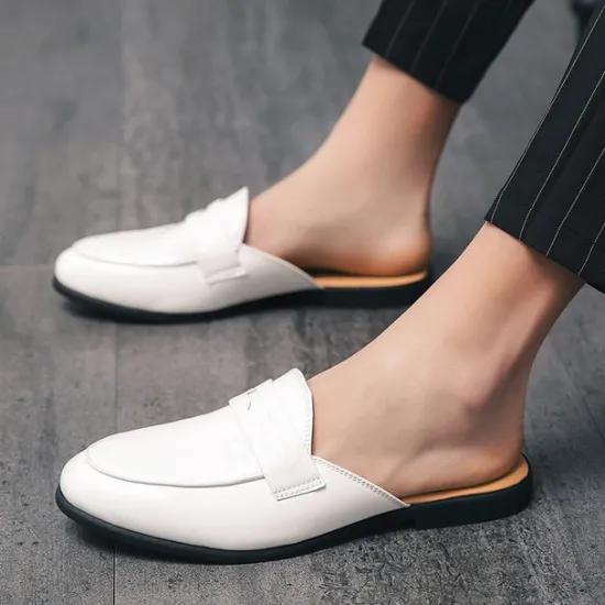 Outlet OUKU Men's Classic White Faux Leather Mule Loafers - Sleek Slip-On Shoes for Business Casual and Formal Events