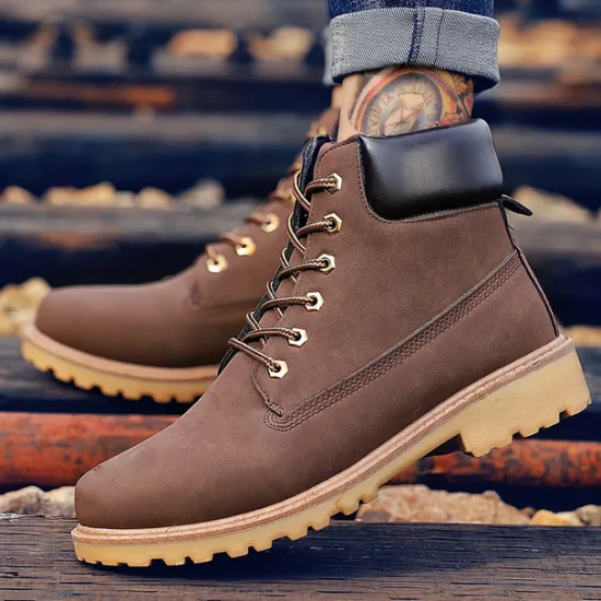 Best OUKU Men's Classic Yellow Work Boots – Durable Lace-Up Ankle Boots with Cushioned Collar and Rugged Sole