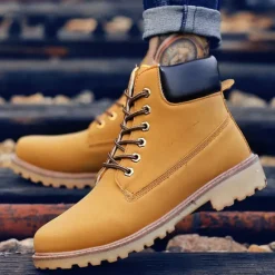 Best OUKU Men's Classic Yellow Work Boots – Durable Lace-Up Ankle Boots with Cushioned Collar and Rugged Sole