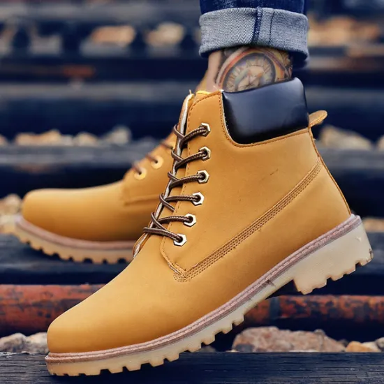 Best OUKU Men's Classic Yellow Work Boots – Durable Lace-Up Ankle Boots with Cushioned Collar and Rugged Sole