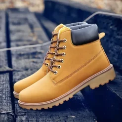 Best OUKU Men's Classic Yellow Work Boots – Durable Lace-Up Ankle Boots with Cushioned Collar and Rugged Sole