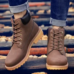 Best OUKU Men's Classic Yellow Work Boots – Durable Lace-Up Ankle Boots with Cushioned Collar and Rugged Sole