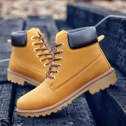 Best OUKU Men's Classic Yellow Work Boots – Durable Lace-Up Ankle Boots with Cushioned Collar and Rugged Sole