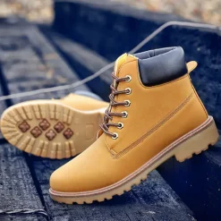 Best OUKU Men's Classic Yellow Work Boots – Durable Lace-Up Ankle Boots with Cushioned Collar and Rugged Sole