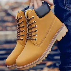Best OUKU Men's Classic Yellow Work Boots – Durable Lace-Up Ankle Boots with Cushioned Collar and Rugged Sole