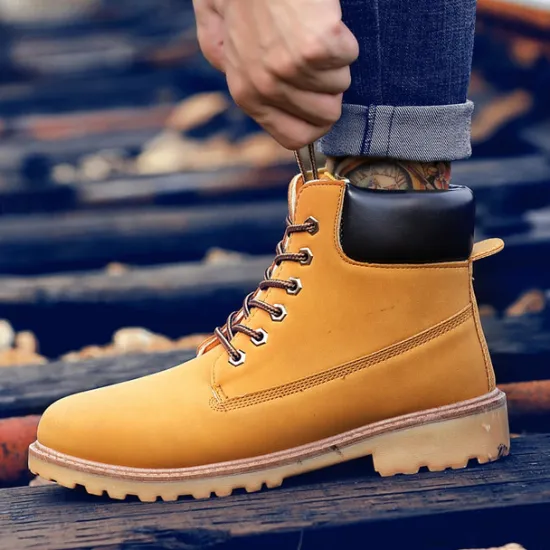 Best OUKU Men's Classic Yellow Work Boots – Durable Lace-Up Ankle Boots with Cushioned Collar and Rugged Sole