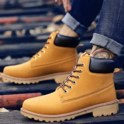 Best OUKU Men's Classic Yellow Work Boots – Durable Lace-Up Ankle Boots with Cushioned Collar and Rugged Sole