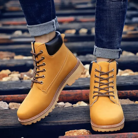 Best OUKU Men's Classic Yellow Work Boots – Durable Lace-Up Ankle Boots with Cushioned Collar and Rugged Sole