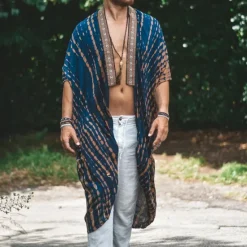 Discount OUKU Men's Cloak / Capes Vacation Daily Breathability Print Summer Pattern Fashion Casual Long Blue Green Jacket
