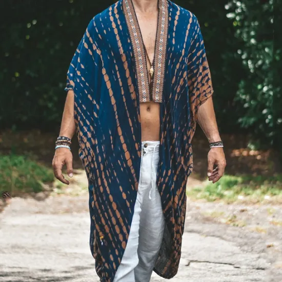 Discount OUKU Men's Cloak / Capes Vacation Daily Breathability Print Summer Pattern Fashion Casual Long Blue Green Jacket