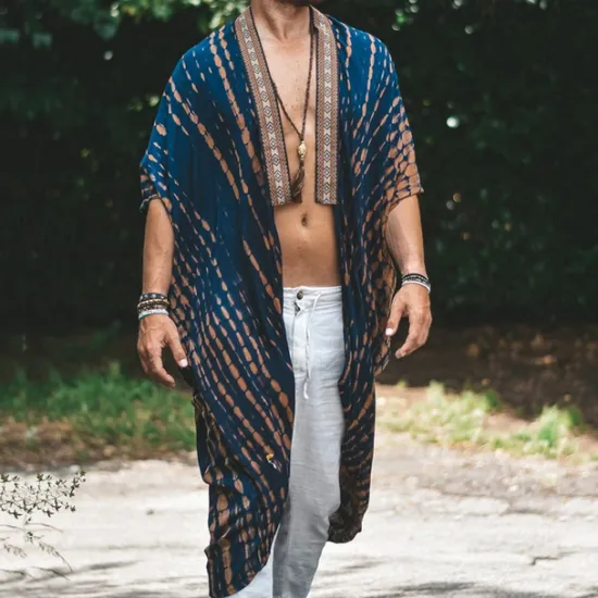 Discount OUKU Men's Cloak / Capes Vacation Daily Breathability Print Summer Pattern Fashion Casual Long Blue Green Jacket