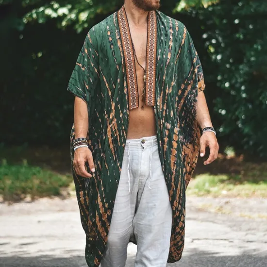 Discount OUKU Men's Cloak / Capes Vacation Daily Breathability Print Summer Pattern Fashion Casual Long Blue Green Jacket