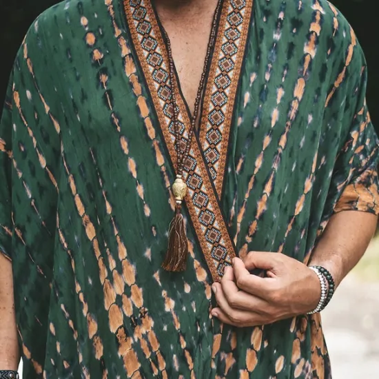 Discount OUKU Men's Cloak / Capes Vacation Daily Breathability Print Summer Pattern Fashion Casual Long Blue Green Jacket
