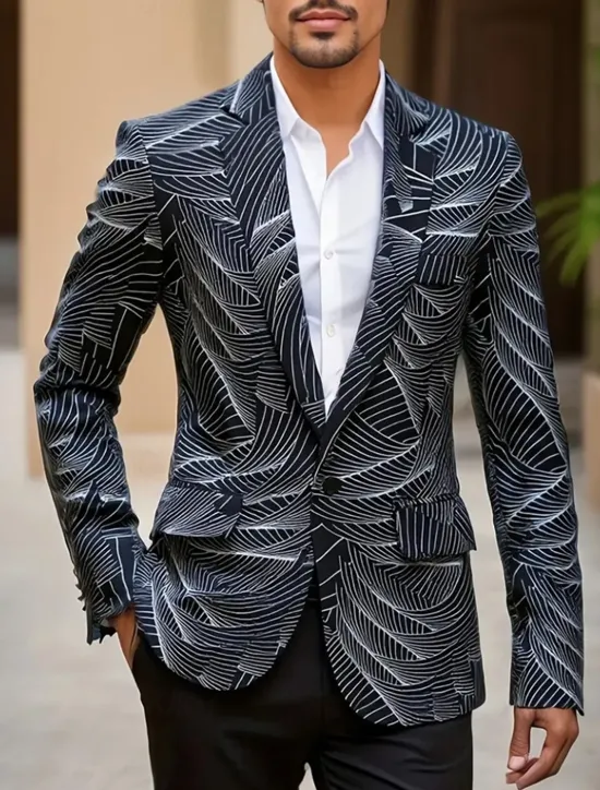 New OUKU Men's Coat Blazer Business Casual Daily British All Seasons 100% Polyester Graphic 3D Print Buttons Comfortable Single Breasted Blazer Black White Blue