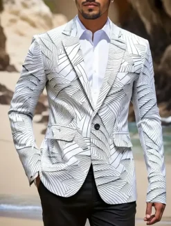 New OUKU Men's Coat Blazer Business Casual Daily British All Seasons 100% Polyester Graphic 3D Print Buttons Comfortable Single Breasted Blazer Black White Blue