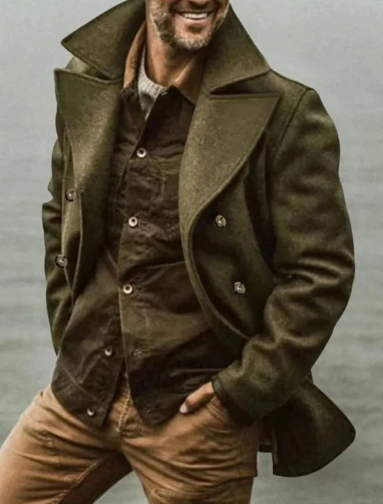 Outlet OUKU Men's Coat Trench Coat Daily Vacation Fall & Winter Polyester Soft Outerwear Clothing Apparel Fashion Classic Plain Pocket Turndown Double Breasted