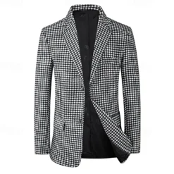 Sale OUKU Men's Cocktail Attire Blazer Business Formal Evening Wedding Party Fashion Casual Spring & Fall Polyester Plaid / Check Geometic Pocket Buttons Casual / Daily Single Breasted Blazer White Camel