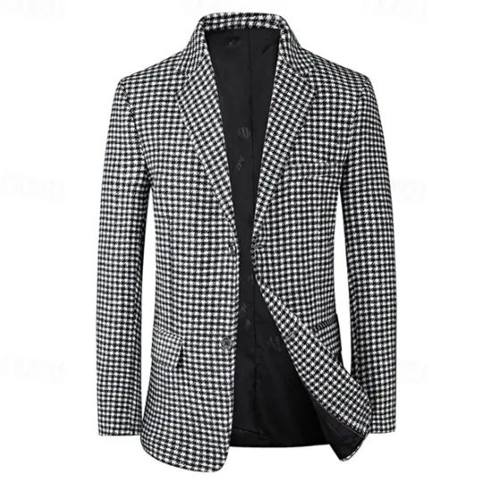 Sale OUKU Men's Cocktail Attire Blazer Business Formal Evening Wedding Party Fashion Casual Spring & Fall Polyester Plaid / Check Geometic Pocket Buttons Casual / Daily Single Breasted Blazer White Camel