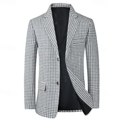 Sale OUKU Men's Cocktail Attire Blazer Business Formal Evening Wedding Party Fashion Casual Spring & Fall Polyester Plaid / Check Geometic Pocket Buttons Casual / Daily Single Breasted Blazer White Camel