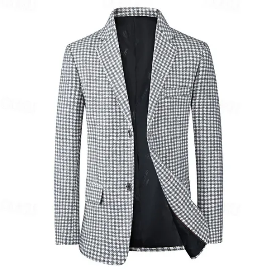 Sale OUKU Men's Cocktail Attire Blazer Business Formal Evening Wedding Party Fashion Casual Spring & Fall Polyester Plaid / Check Geometic Pocket Buttons Casual / Daily Single Breasted Blazer White Camel