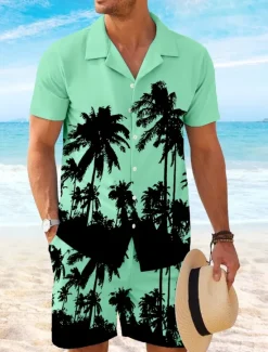 Online OUKU Men's Coconut Palm 2pcs Shirts Sets Shirt Short Sleeve Short Pants Cuban Collar Vacation Hawaiian Party Casual Daily 3D Print Summer Robin's Egg Blue White Yellow