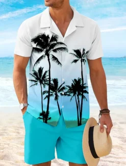 Hot OUKU Men's Coconut Palm 2pcs Shirts Sets Shirt Short Sleeve Short Pants Cuban Collar Vacation Casual Daily Party Casual Daily 3D Print Summer Robin's Egg Blue Yellow Orange