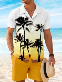 Hot OUKU Men's Coconut Palm 2pcs Shirts Sets Shirt Short Sleeve Short Pants Cuban Collar Vacation Casual Daily Party Casual Daily 3D Print Summer Robin's Egg Blue Yellow Orange