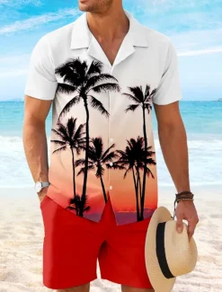 Hot OUKU Men's Coconut Palm 2pcs Shirts Sets Shirt Short Sleeve Short Pants Cuban Collar Vacation Casual Daily Party Casual Daily 3D Print Summer Robin's Egg Blue Yellow Orange