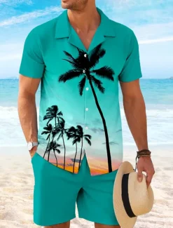 Online OUKU Men's Coconut Palm 2pcs Shirts Sets Shirt Short Sleeve Short Pants Cuban Collar Vacation Hawaiian Party Casual Daily 3D Print Summer Robin's Egg Blue Green