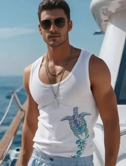 Best OUKU Men's Coconut Palm T Shirt Vest Top Sleeveless T shirt 3D Print Crew Neck Shirt Vacation Casual Hawaiian Holiday Light Blue White Summer Spring Clothing Apparel S M L XL XXL XXXL